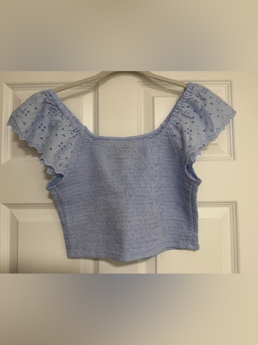Universal Thread Light Blue Smocked Crop Top with Eyelet Sleeves - Picture 1 of 6